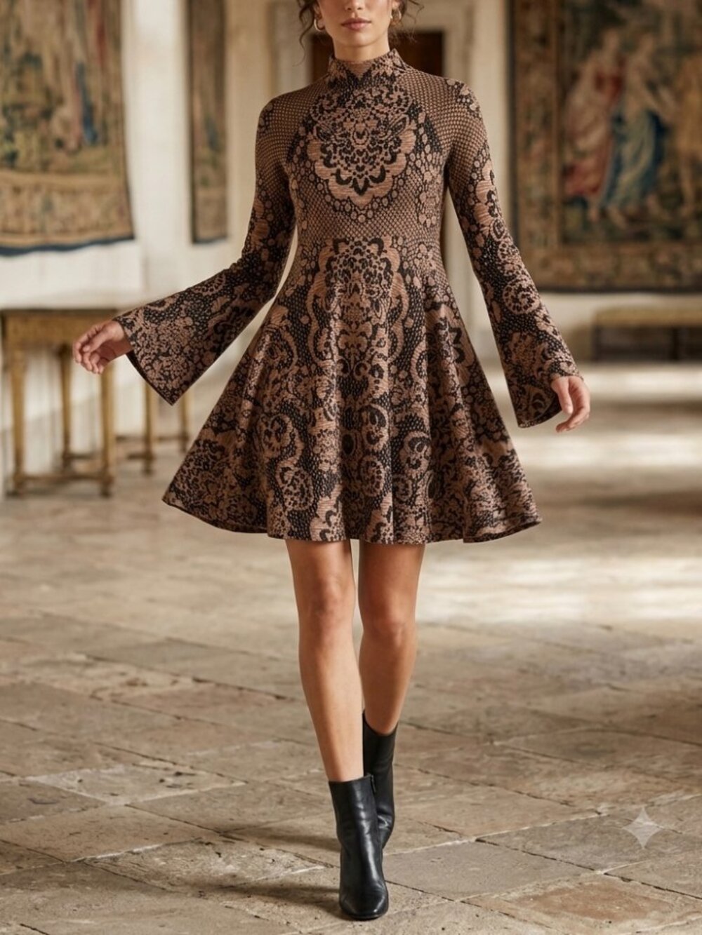 Free People Bell Sleeve Knit Mini Dress Brown Black Lace Print Size SP Boho 70s